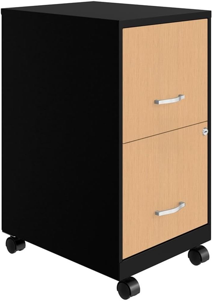 Scranton & Co Home Office Metal Desk and Storage Set, Black and Maple Finish, 2-Piece Workspace Solution with Rolling Desk, Locking 2-Drawer Steel Filing Cabinet, Compact Design for Home Office Use
