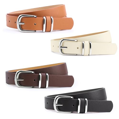 Womens Leather Belt, 4 Pcs Ladies Belts for Jeans with Zinc Alloy Buckle and 10 Adjustable Holes, Fits Waist 25-35 Inches