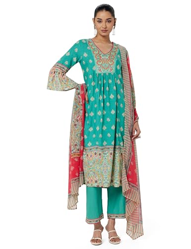 Image of BIBA Women Rayon Liva Gathered Kurta Palazzo Suit Set