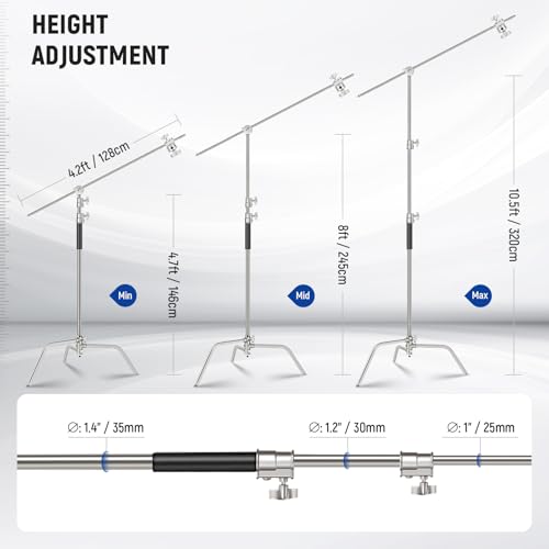 Image of NEEWER Basics 100% Stainless Steel Heavy Duty C Stand with Boom Arm, Max 10.5ft /320cm Photography Light Stand, 4.2ft /128cm Holding, 2 Grip Heads for Studio Monolight Softbox Reflector, SC320 Lite