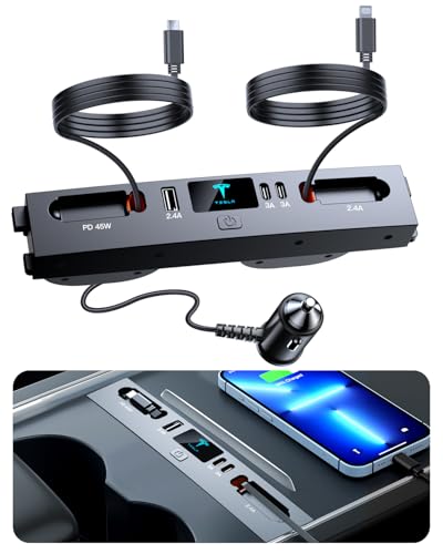 Car USB Charger Multi Port for 2024 2025 Tesla Model 3 Highland & New Model Y Juniper 2026,Multifunctional Tesla Accessories with Logo and Retractable Cable,Tesla USB hub,Gifts for Tesla Owners