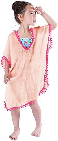 MissShorthair Fashion Girls Cover-ups Swimsuit Wraps Beach Dress Top with Pompom Tassel, One Size,7 Pink