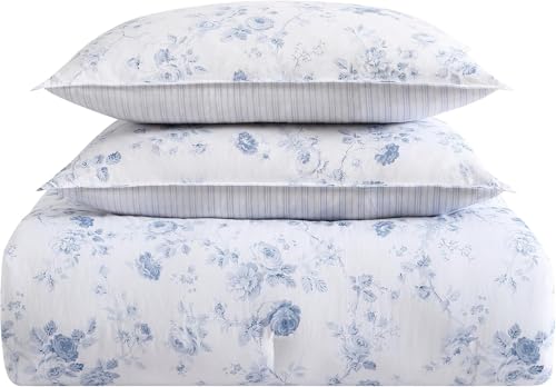 Image of Laura Ashley - Queen Comforter Set, 100% Cotton Bedding, Medium Weight for Year-Round Comfort, Reversible Floral Design, Includes Comforter and Shams, Belinda Blue