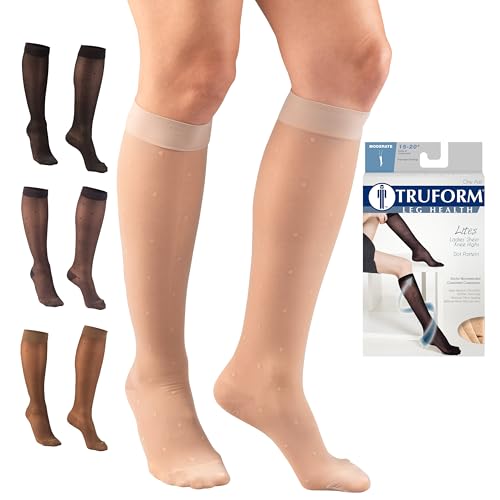 Image of Truform Sheer Compression Stockings, 15-20 mmHg, Women's Knee High Length, Dot Pattern, Nude, X-Large