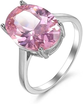 QUSIIOSLK 925 Sterling Silver Oval Cut Pink Gemstone Solitaire Ring AAA Cubic Zirconia Pink Detail Cushion Cut CZ Ring Promise Love Halo Engagement Band Jewelry Gift Ring for Women Size 6-10 7