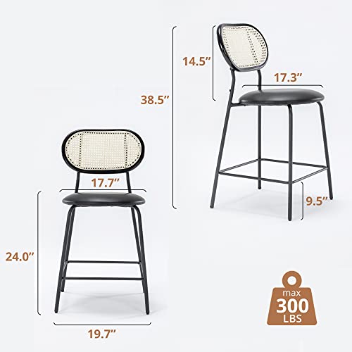 Indoor/Outdoor Faux Leather Bar Stools Set Of 4,Rattan And Wood Backrest With Metal Legs，Modern Upholstered Round Seat Chair Counter Height Barstools For Bistro Home Office Restaurants,24",Black #TOP1