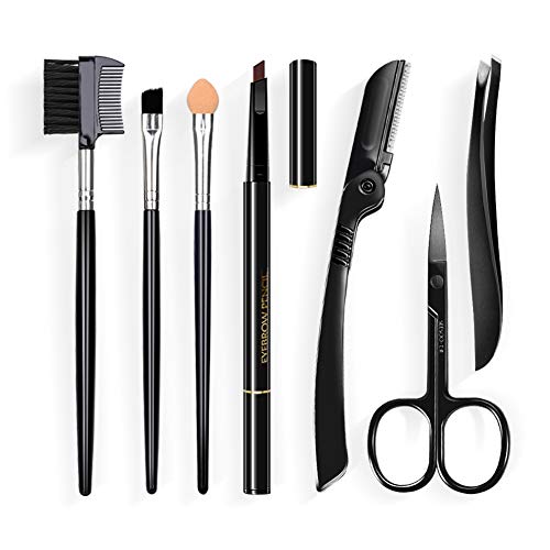 Eyebrow Kit, Spove 7 Pcs Eyebrow Grooming Set Professional Eyebrow Tweezers Scissors & Razors Dual-ended Eyebrow Pencil (Dark Brown) for Women Eyebrow Shaping Make up Tools