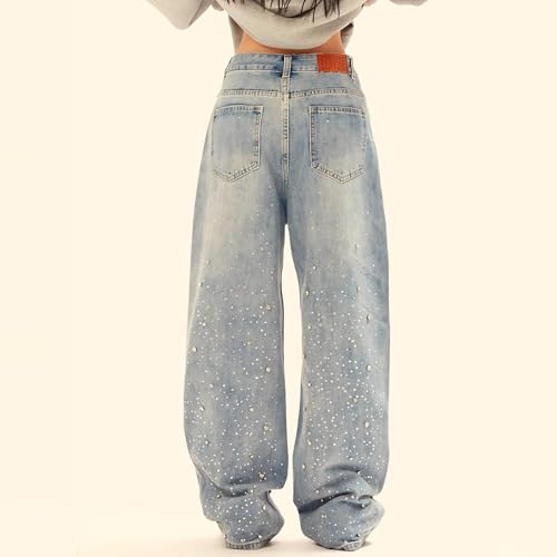 Mens Rhinestone Jeans Vintage Baggy Sparkly Pearl Bling Jeans Chic Wide Leg Denim Pants Womens Y2K Grunge Clothes3