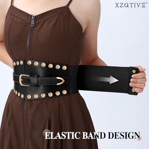 XZQTIVE Women's Wide Corset Belts, Punk Style Waist Belt for Dresses Halloween Costume, Black Faux Leather with Gold Studs4