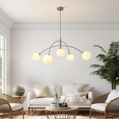 Image of Mid Century Modern Chandelier, 5 Light Silver Sputnik Light Fixture with White Glass Globe Shade, Adjustable Modern Sputnik Chandelier for Dining Room Kitchen Bedroom