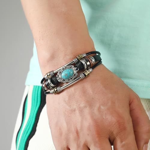 Pack of 4 Leather Bracelets for Men and Women, Braided Cord, Tree of Life, Vintage Bracelet, Adjustable, Black/Brown, One Size, Bohemian, Leather3