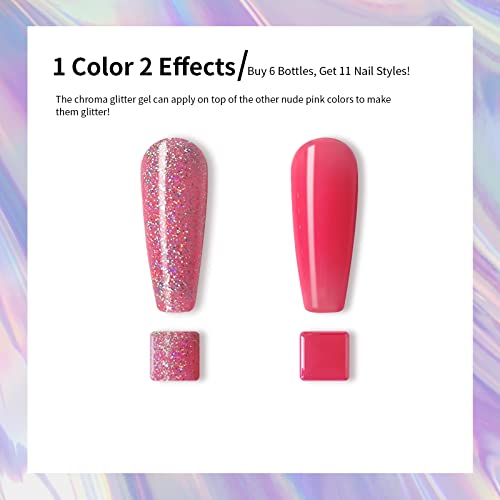 Glitter Gel Nail Polish, Kredioo 1 Chrome Holographic And 5 Jelly Nude Pink Transparent Colors 11 Effects Nail Polish Set Uv Led Soak Off Nail Gel Polish For Daily Nail Art Design Salon Manicure-0.25 Fl.oz Each #TOP3