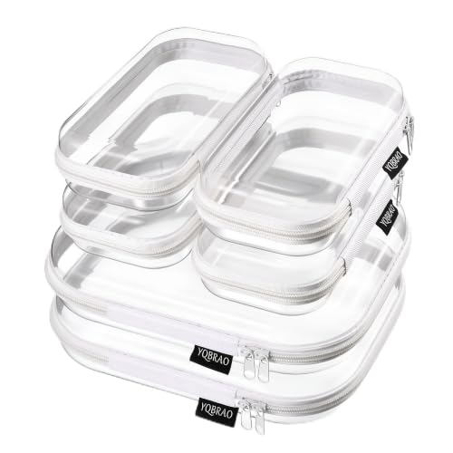 YQBRAO 6 Pack Clear Hard Shell Beauty Organizer (2M+4S) 1.2mm Crush-Proof Cosmetic Case Reinforced YKK Zippers Stadium Approved Security Bag for Skincare Toiletries & Electronics Multi-Size Set