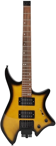 Guitarra elétrica, guitarra elétrica sem cabeça de metal de pescoço duplo com alto-falantes, guitarra elétrica personalizada (amarelo)