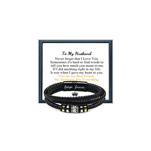 Husband Birthday Gifts Mens Leather Bracelet Gifts For Husband Black Braided Leather Bracelets From Wife Braided Genuine Leather Bracelet Cool Gifts For Christmas Anniversary Valentine's Day #TOP24