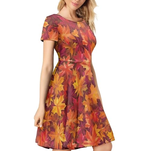 Image of POLERO Women Puffy Swing Elegant Party Midi Dresses Short Sleeve Round Neck A-Line Dress
