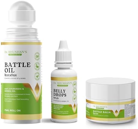 Dr. Bhushan's Research Ayurvedic Joint Pain Trio Kit (Battle Oil+Battle Balm+Belly Drops) For Joint Pains (Knee Pain,Shoulder Pain,Back Pain)