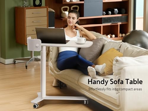 Image of WALKINGDESK Rolling Desk Adjustable Height with Drawer and Wheels, Portable Small Standing Desk Pneumatic for Home Office, Mobile Computer Laptop Cart, Medical Sofa Overbed Table, White