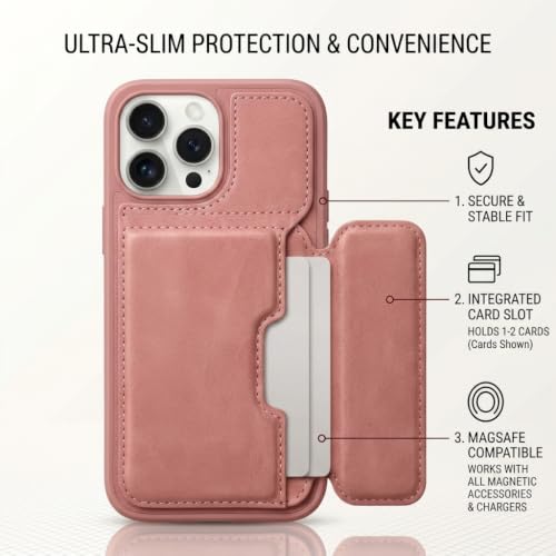 Image of amazon basics Luxury Vegan Leather Back Cover for iPhone 14 Pro Max | Built-in Card Holder Slot | Integrated Mobile Stand | Slim Shockproof Protective Case with Stitched Finish - Pink