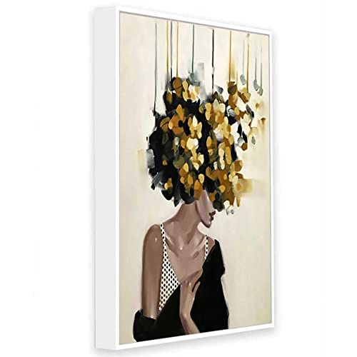 Image of PAINTINGMANTRA Mid Night Gold Girl With Flower Bouquet White Framed Canvas Print for Wall, Home and Living Room Decoration (Size - 23 x 17 Inchs)