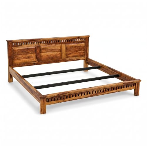 Image of SONA ART & CRAFTS Kuber Solid Sheesham Wood Queen Size Platform Bed Without Storage | Wooden Queen Size Cot Bed | Double Bed for Home - Natural Finish (Assembly Included)