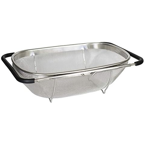 i Kito Over the Sink Colander with Expandable Rubber Grip Handles - Fine Mesh Oval Strainer in Stainless Steel -Drain, Rinse Fruits and Vegetables Cover