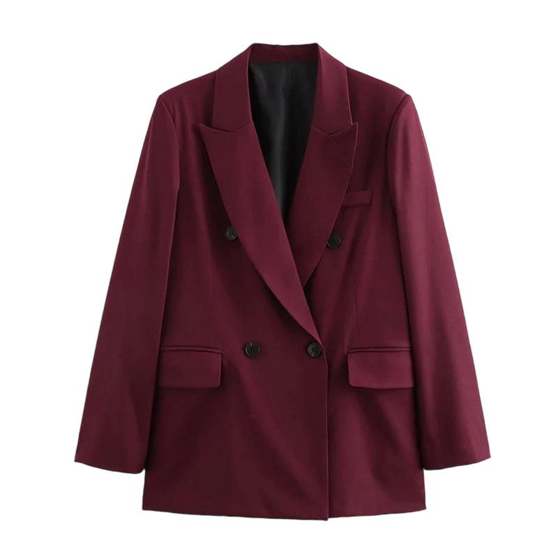 Women Burgundy Blazer Fall Winter Vintage Double Breasted Suit Jacket Classic Coat