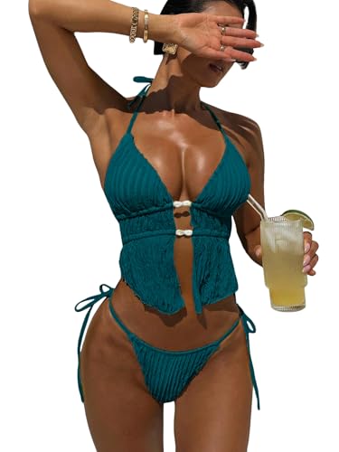 Image of RoseSeek Women's 2 Piece Boho Polka Dots Beaded Bikini Sets Sexy Swimsuits