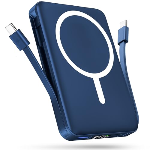 Podoru for Magsafe Powerbank, 10000mAh Magnetische Wireless Power Bank mit USB-C Kabel PD 20W Schnellladen mit LED Display, Kabellos Akkupack für iPhone 17/16/15/14/13/12 Alle Serien (Blau)