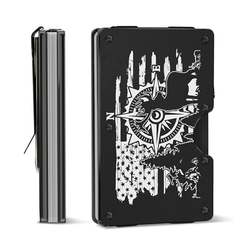American Flag Deer Engraved Metal Wallet for Men, Minimalist Aluminum Card Holder with Money Clip Removable, Slim Front Pocket RFID Blocking Card Case, Mens Personalized USA Gifts for Him