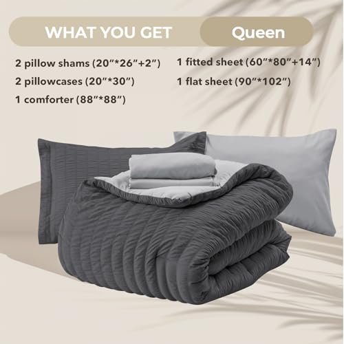 Image of HYMOKEGE Dark Grey /Light Grey Queen Comforter Set Seersucker 7 Pieces, All Season Luxury Bed in a Bag Queen for Bedroom, Bedding Set with Comforter, Sheets, Pillowcases & Shams
