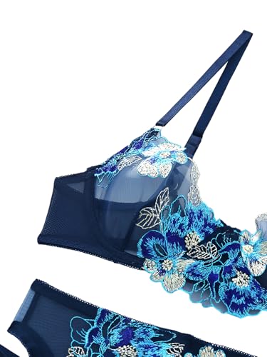 Image of Lilosy Sexy Leaf Floral Embroidered Mesh Sheer Women Underwire Push Up Lingerie Set