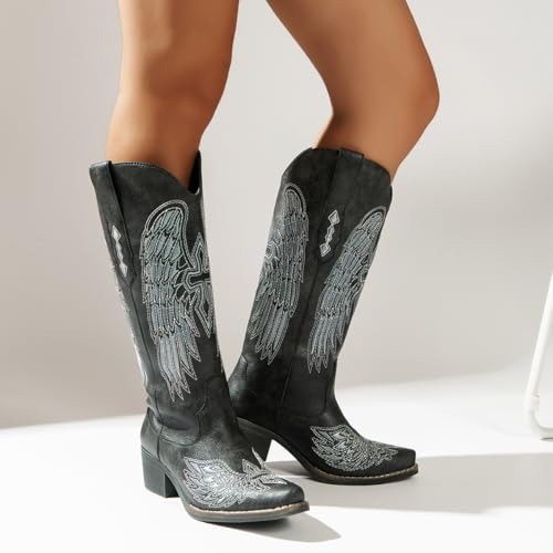Image of Women's Western Cowboy Boots - Black Gothic Cross & Angel Wing Embroidered Mid Calf Boots, Y2K Vintage Pointed Toe Biker Cowgirl Boots for Concert Festival