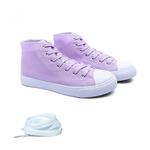 Image of Women's High-Top Canvas Sneakers - Classic Lace-Up Casual Shoes with Extra Shoelaces - Comfortable, Stylish, and Durable