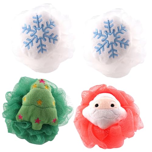 TOVINANNA 4 Piezas Bolas de Baño Navideñas para Exfoliación Corporal Esponjas Suaves para Ducha Limpieza Profunda y Relajación Regalo para Baño y Bañera Infantil