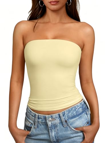 GKBK Womens Tube Top Double Lined Strapless Crop Top a Sexy Y2K Going Out and Casual Tops for Spring and Summer a Cute Basic Sleeveless Tank Shirts for 2026 Light Yellow-M
