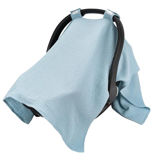 Image of SERAPHY 100% Muslin Cotton Car Seat Cover Baby, Universal Carseat Covers, Breathable Baby Car Seat Canopy for Boys Girls, Soft Infant Car Seat Cover for Summer —Blue