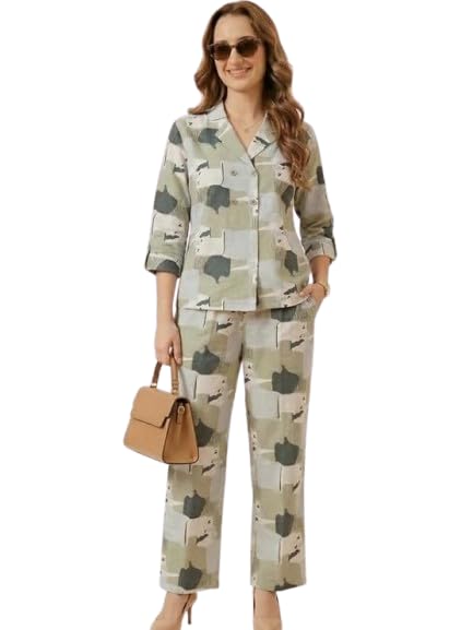 Women Cotton Linen Co-Ord Set Printed Ikat Design Tunic Top with Straight Pants 3/4 Sleeve Kurti Set Casual Ethnic Wear Stylish Office Outfit Green-image-2