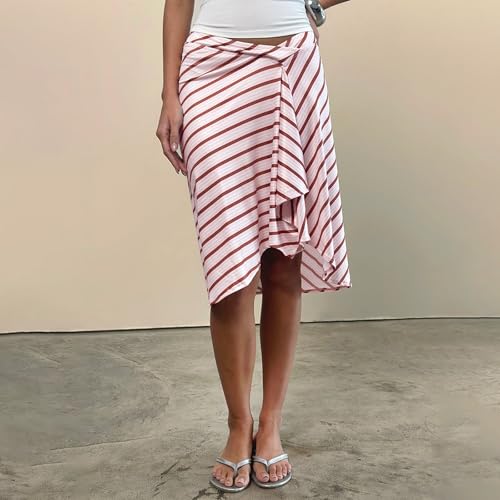Women Flowy Midi Skirt Y2k Low Rise Stripe/Plaid Print Asymmetrical Wrap Skirts Elegant Ruffled A-line Skirt4