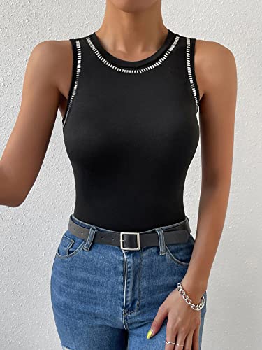 WDIRARA Women's Rhinestone Tank Top Sleeveless Summer Top Round Neck Tank Top3