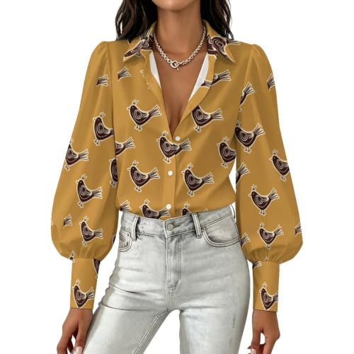 Stylish Women's Collared Long Sleeve Top Office Cute Brown Folk Art Bird Pattern L