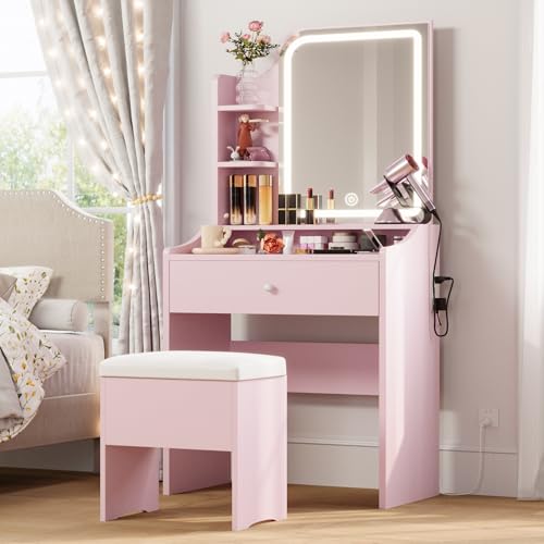 LIKIMIO Small Vanity Desk with Mirror Lights and Storage Stool