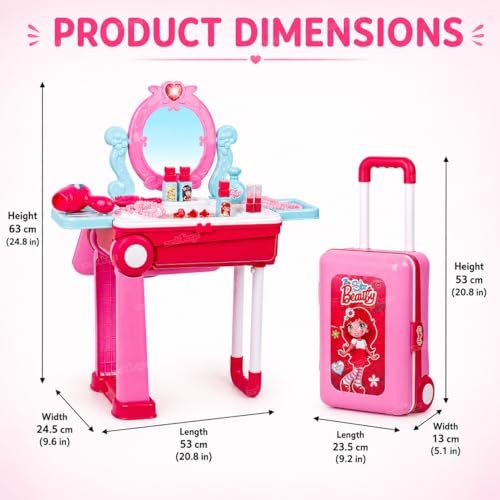 Image of Zest 4 Toyz Makeup Kit Set for Kids Girls | 21 Pieces Cosmetic 2 in 1 Vanity Table Portable Trolley Pretend Play Set Toys Make up Accessories for Kids Plastic (Pink) Made in India