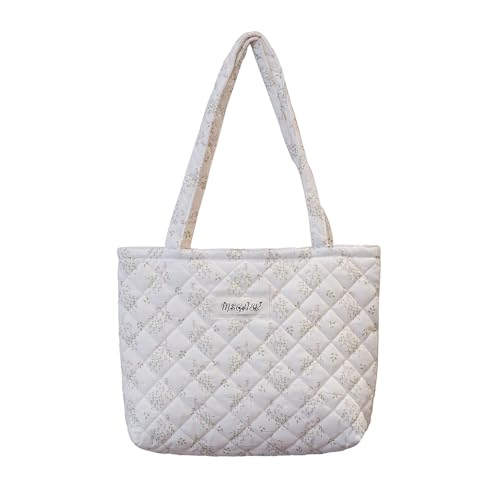 Image of Floral Quilted Cotton Shoulder Bag for Women Daily Use Medium Size Handbag Large Capacity Thickened Design Tote