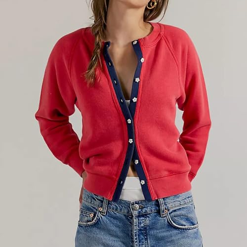 Women Color Block Button Cardigan Y2k Long Sleeve Crewneck Cropped Sweater Fall Trendy Open Front Sweaters Knitwear2