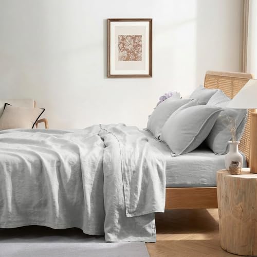 S VICTORY SYMBOL 100% Organic Linen Sheets Set Twin XL Size,Stone Washed French Natural Flax Bed Sheets 3Pcs(1 Pillowcase,1 Fitted Sheet 16inch,1 Flat Sheet) Breathable Bedding Set,Fog