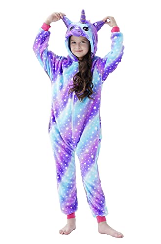 Onesie Pyjama Kinder Schlafanzug Einteiler Tier Jumpsuit Cosplay Kostüme Tier Outfit Kapuze Strampler Nachtwäsche Halloween Weihnachten Party Nachthemd Unisex Junge Mädchen 09,120-130cm Cover