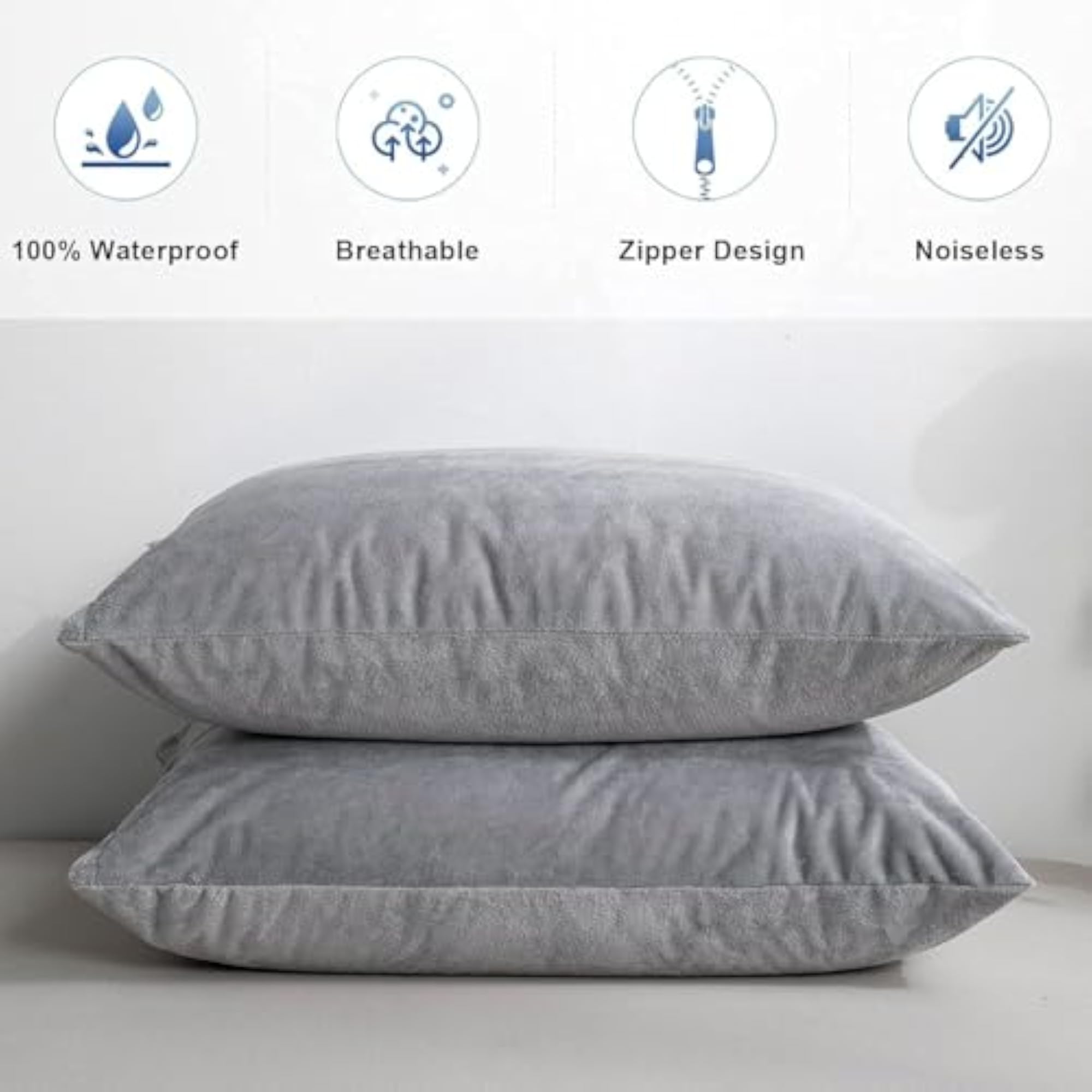 Waterproof Grey Pillow Protectors with Zipper Closure, Terry Cotton