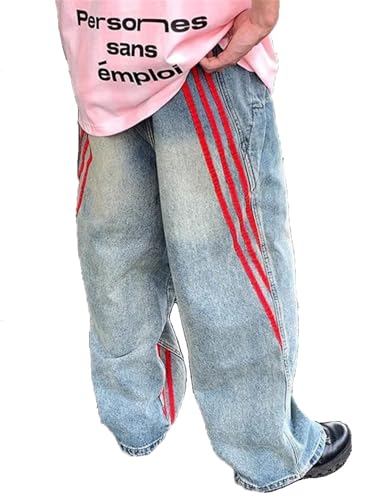 Men Striped Vintage Blue Baggy Jeans Pants Old Loose Denim Trousers