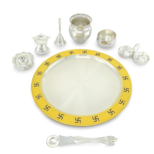 Image of BENGALEN Pooja Thali Set Gold Plated with Grey Gift Box Designed Puja Plate Kalash Bowl Haldi Kumkum Stand Ghanti Dhup Dan Palli Diya for Home Office Diwali Wedding Return Gifts